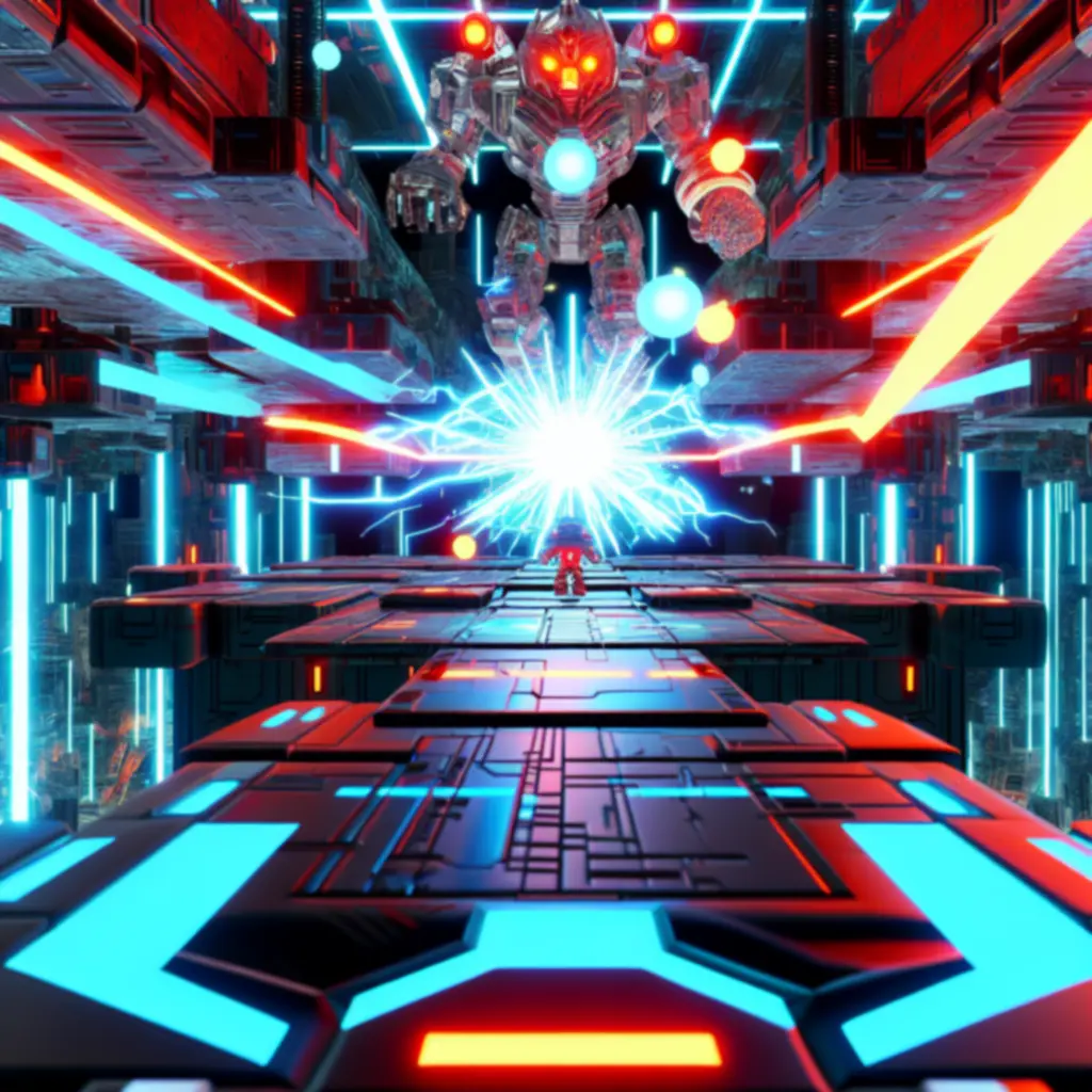 Starcie z bossem w otoczeniu stalowych platform i neonowych efektów ataków.