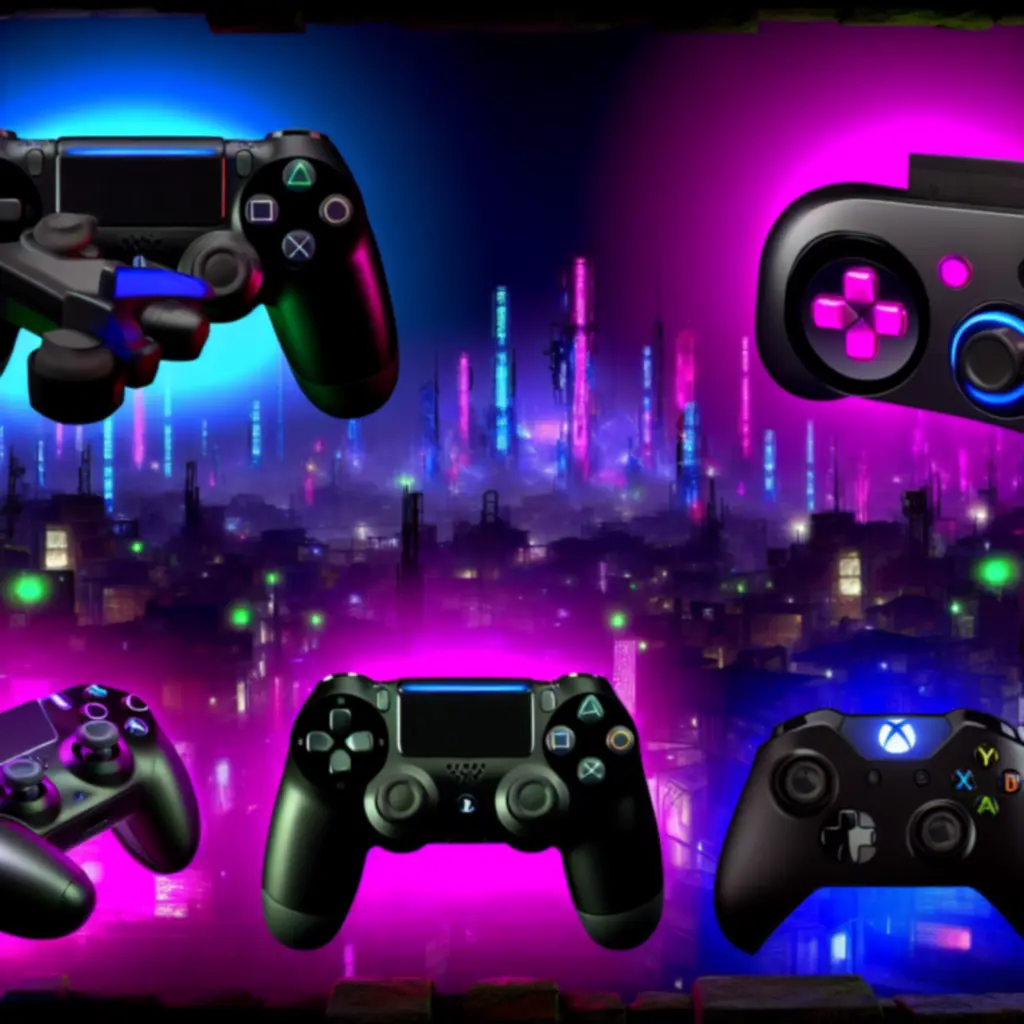 Neonowy kadr z kontrolerami na tle industrialnego miasta