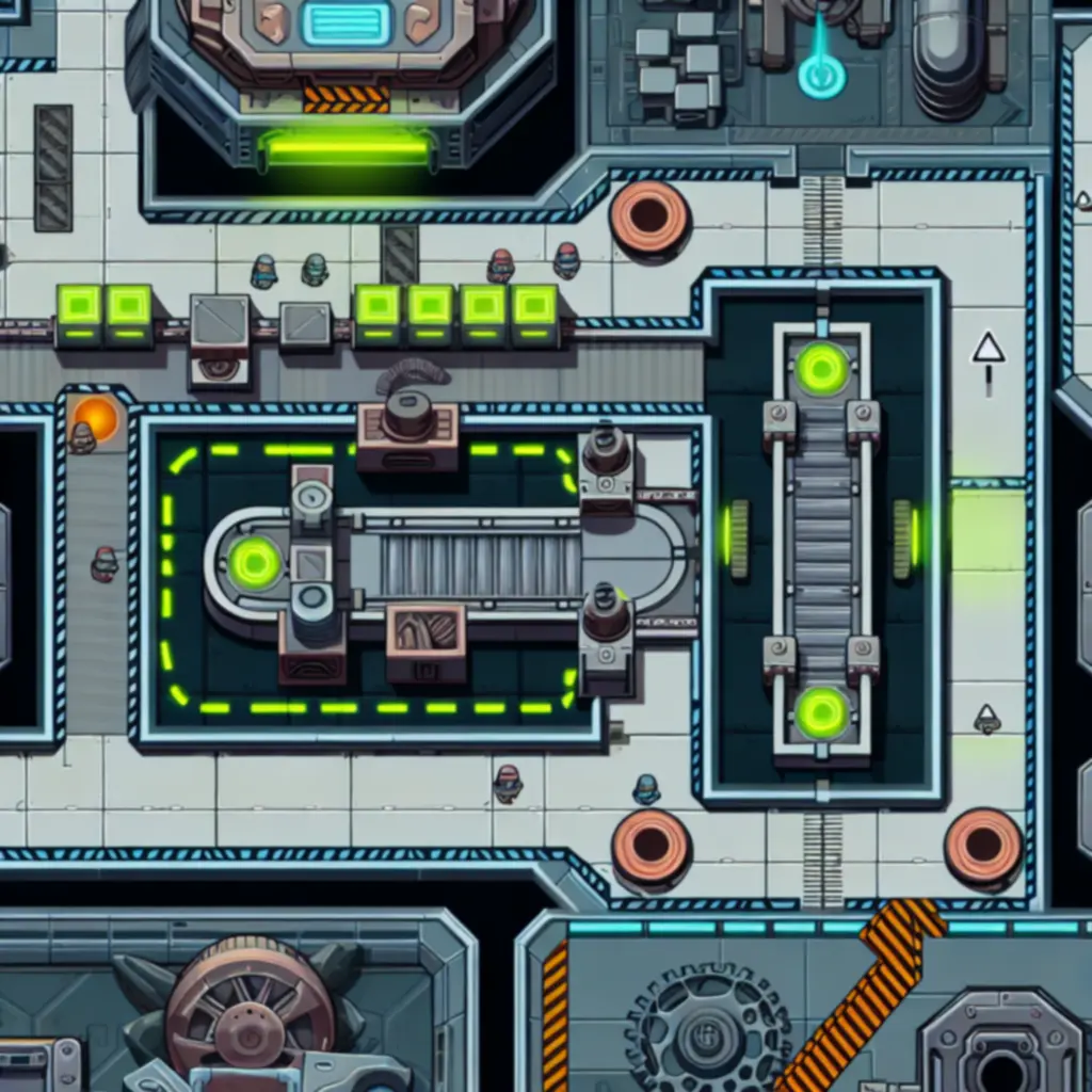 Mapa poziomu Fabryka Startowa: layout z taśmą, prasą i punktami kontrolnymi