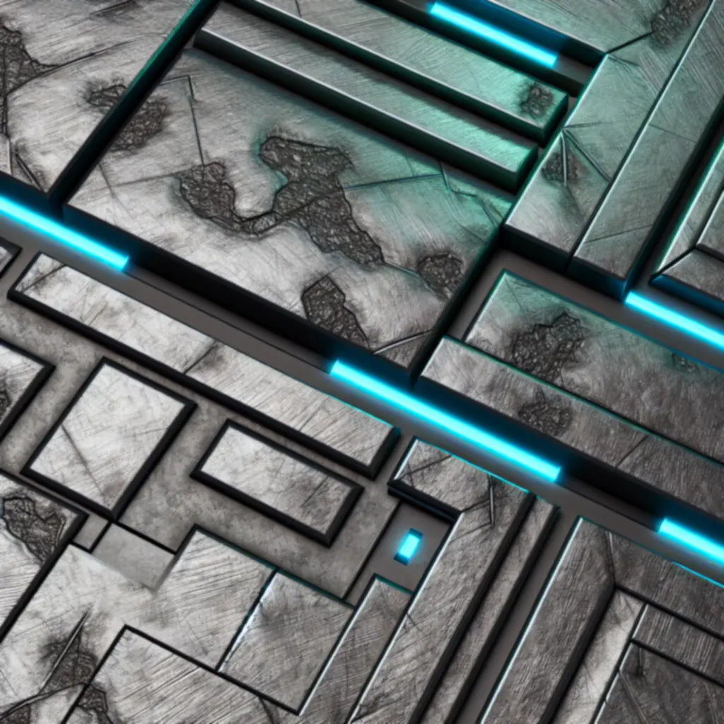 Zbliżenie na stalowo-szare, chropowate tekstury i neonowe krawędzie