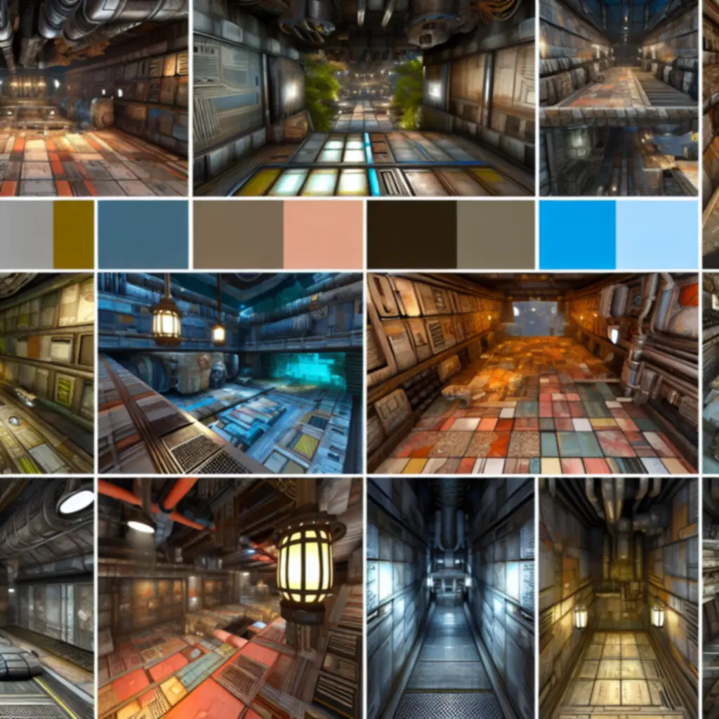 Podgląd zróżnicowanych poziomów z industrialnymi tłami.