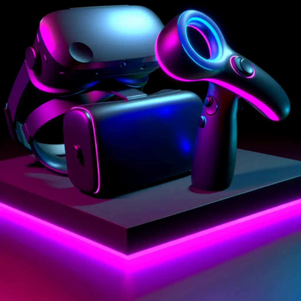 Kontrolery VR z neonowym podświetleniem na ciemnym tle